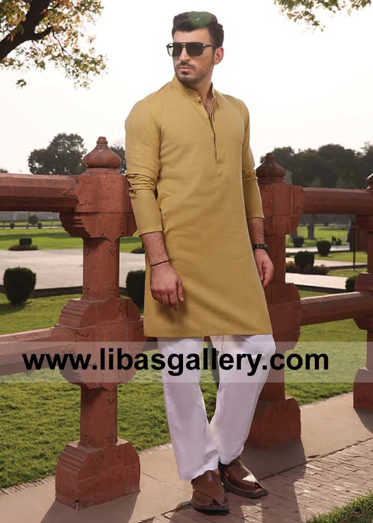 Men Yellow kurta style for Eid with White Aligarh Trouser
