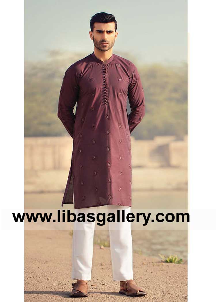 Loop Buttons Embroidered Small Motifs Kurta for Men with White Pajama