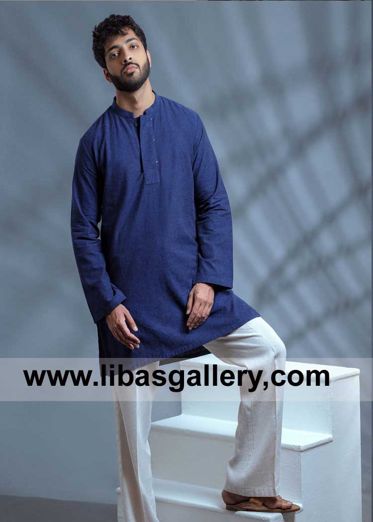 Royal Blue Short length Men kurta with off white Trouser 