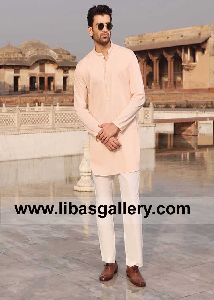 Round Sleeves Men Kurta with White Trouser for Eid and Family Gathering 