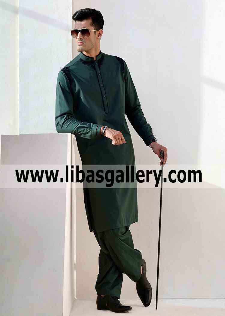 GREEN APPLIQUE Kurta SHALWAR Men’s wear Pakistan 2019 buy online new designs fast delivery UK USA Canada