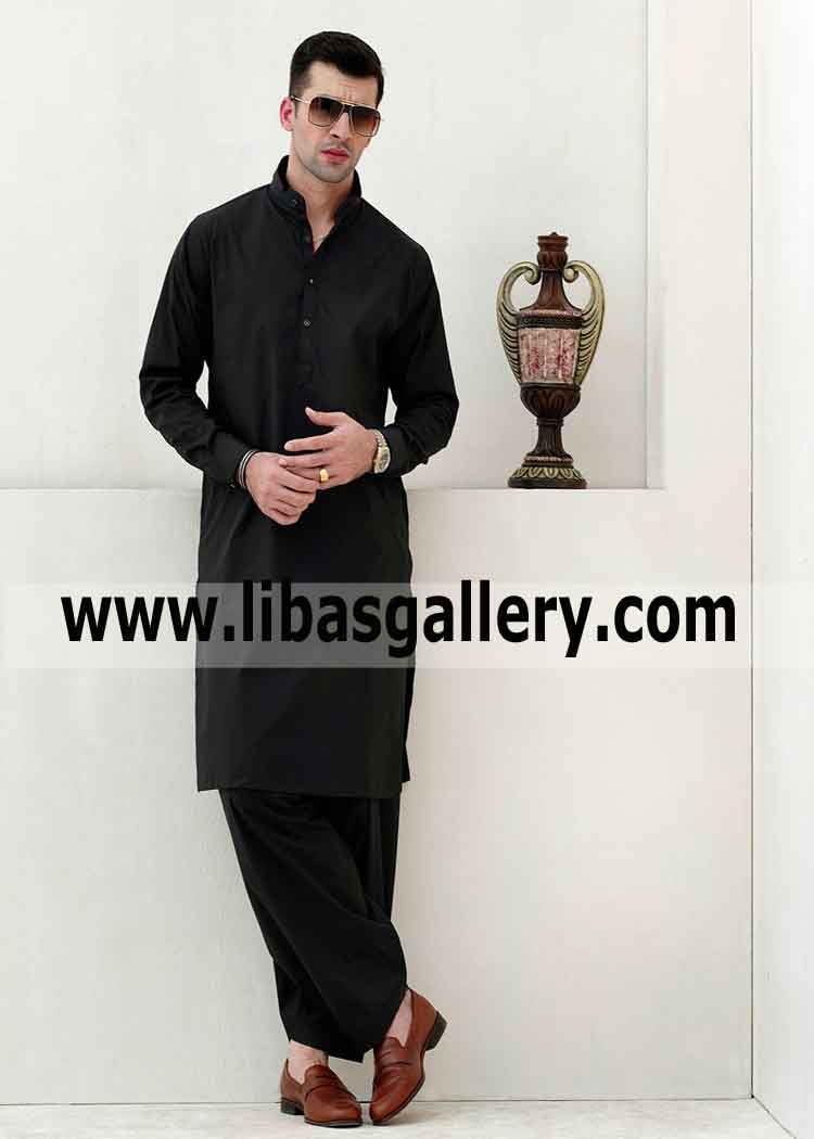 Jet Black Top Class Cotton kurta shalwar for men boy wear in wedding dinner outdoor visit Dubai UAE Abu dhabi