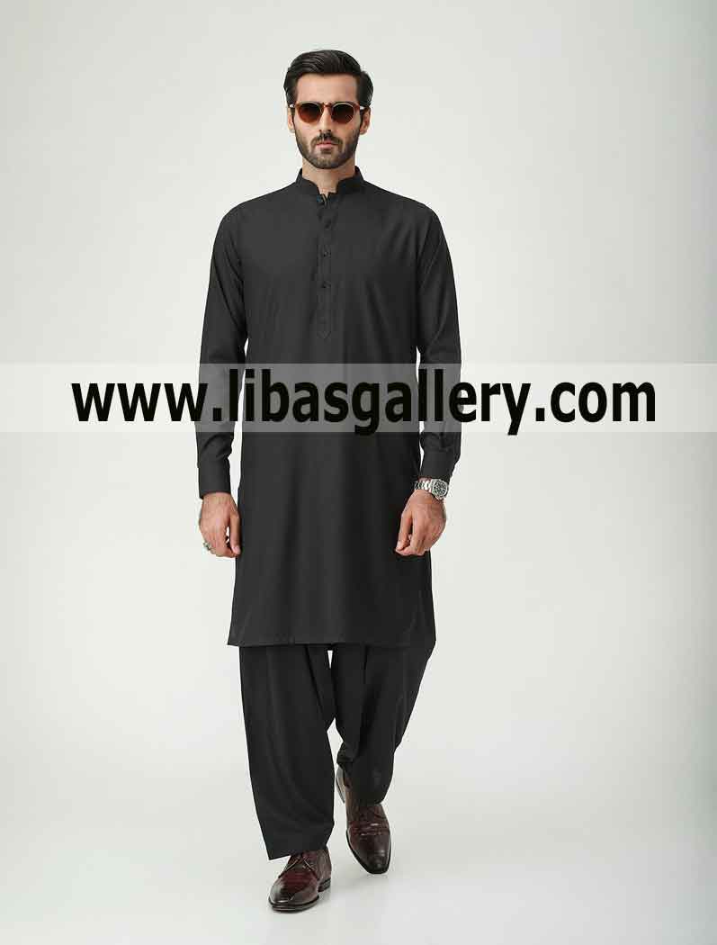 black kurta shalwar suit hasnain lehri model wearing with kameez style cuff wash and wear fabric saudi arabia dubai qatar