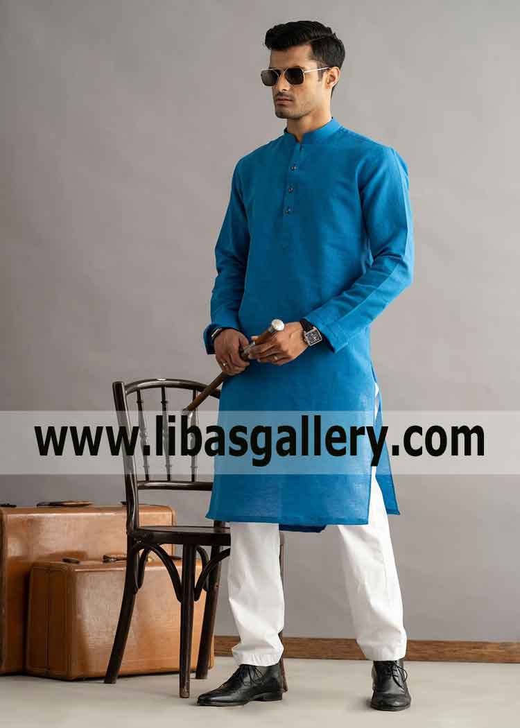 blue kurta pakistani with white pajama wash and wear high quality fabric perfect stitching fitting pakistan qatar dubai