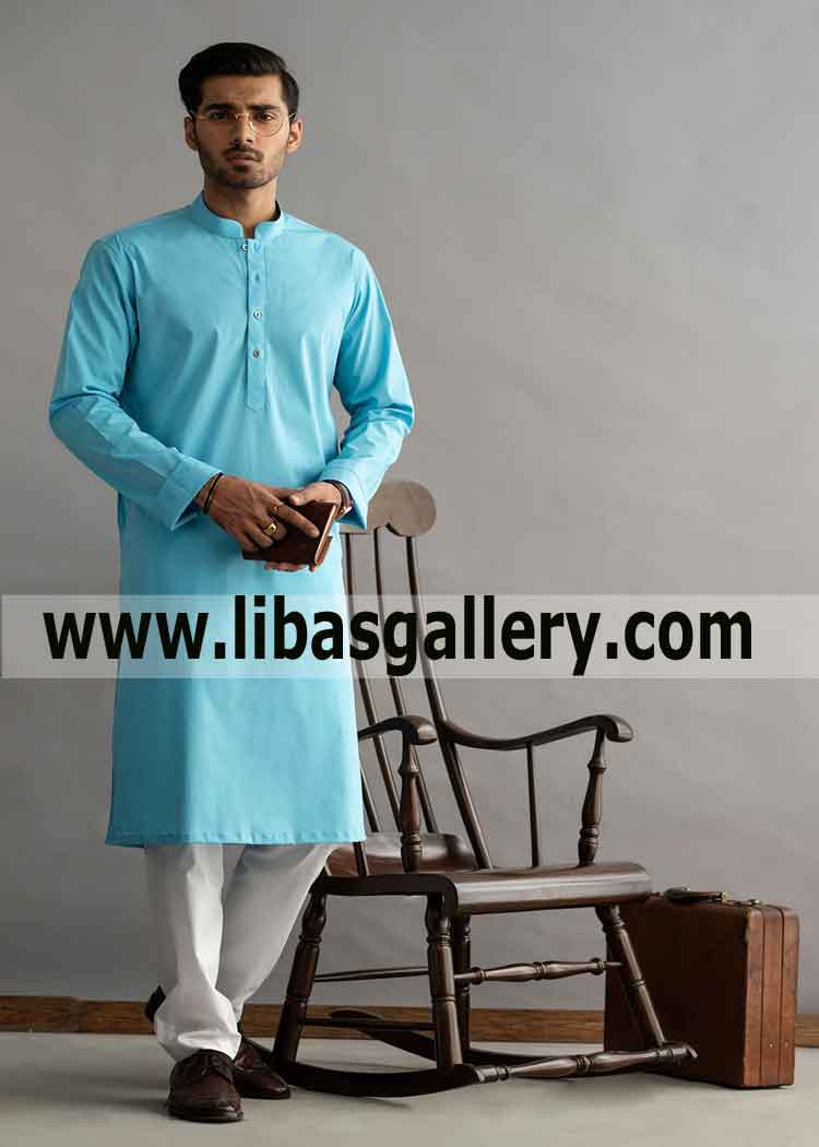 Round cuff gents blue kurta style 2 side pockets