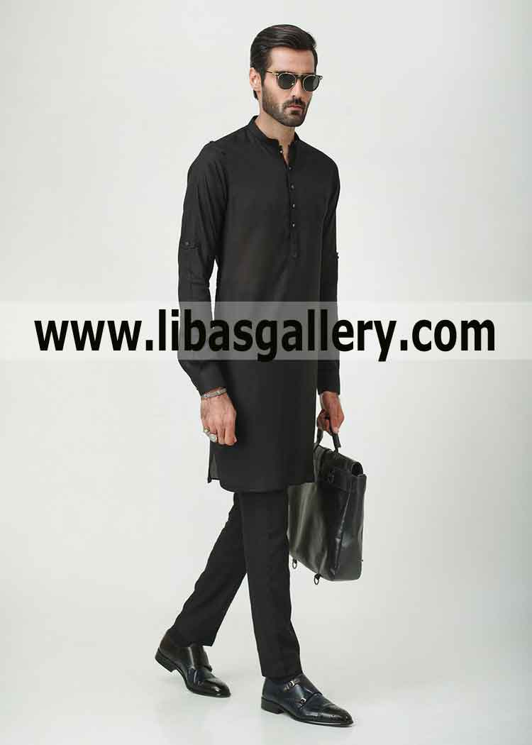Black kurta pajama article with folding sleeves option