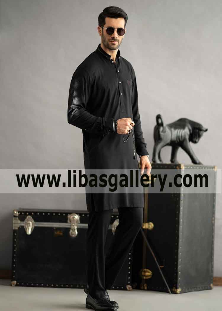 Impress to your family by wearing high quality black kurta pajama suit for eid and prayers shop online Maldives Malta Malaysia