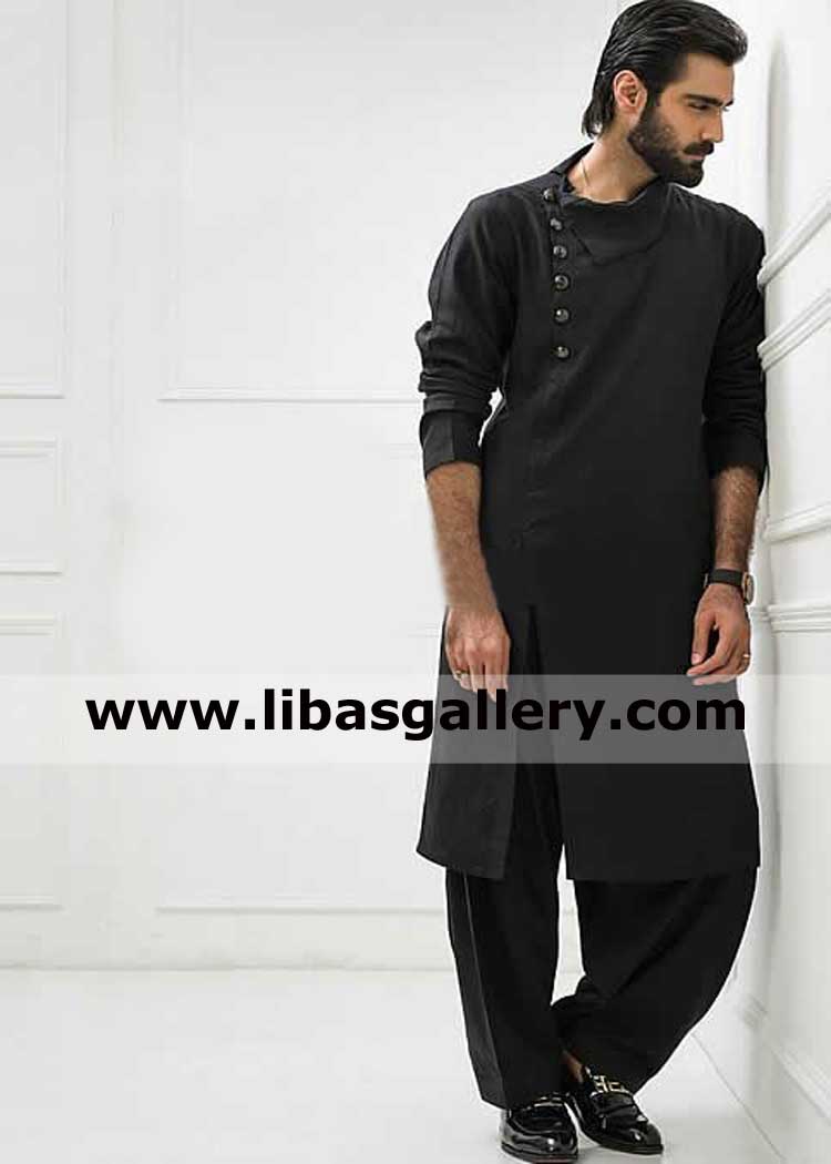 Angrakha neck style black designer gents kurta shalwar 