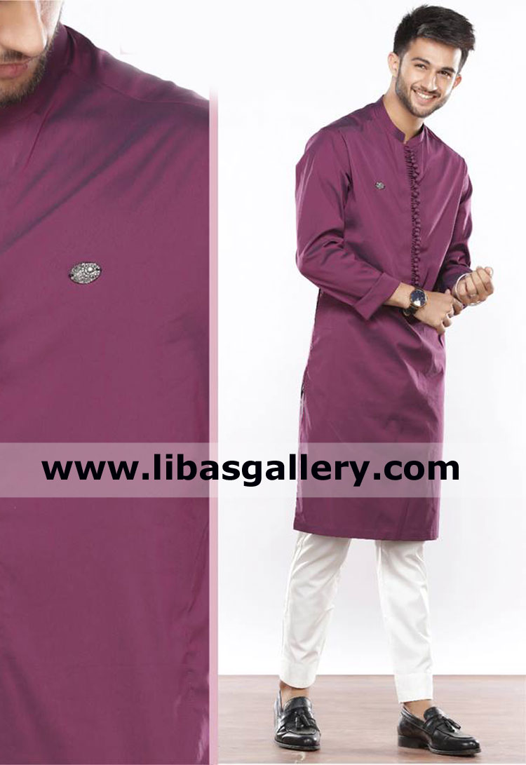 pansy purple color Pakistani Gents kurta series of fabric buttons new style cotton silk and wash n wear fabric option germany spain france