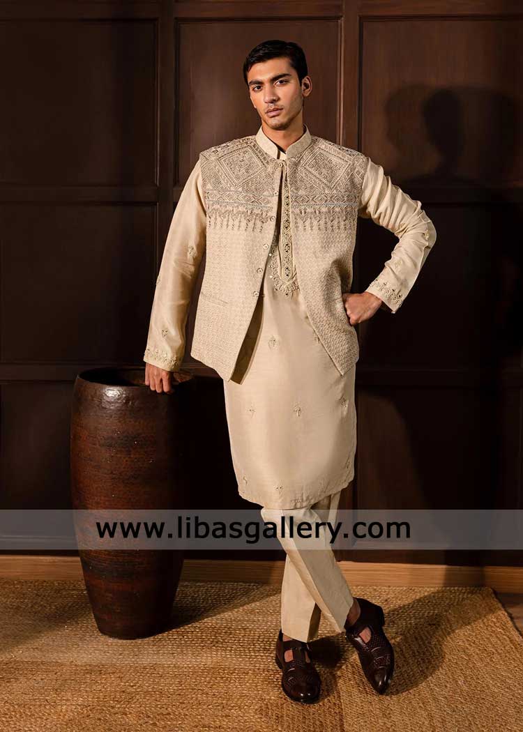 Designer Oat Beige Embroidered Karandi Waistcoat for Men – Groom Wedding Outfit for Nikah Southhall London UK