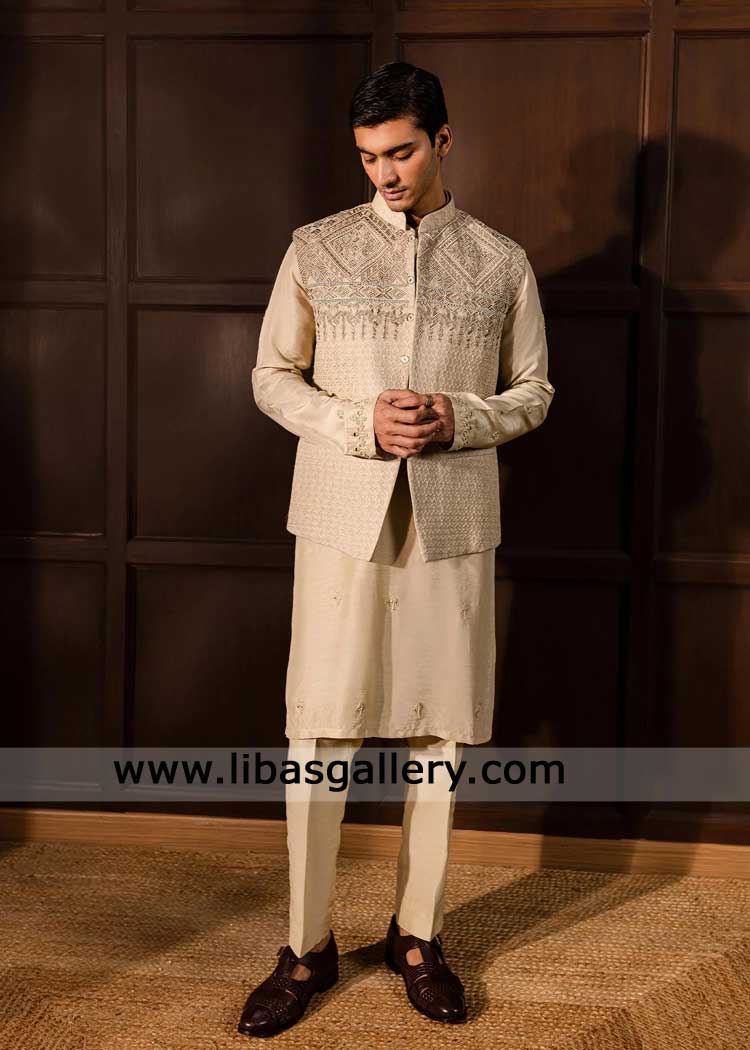 Luxury Oat Beige Embroidered Waistcoat Karandi for Groom