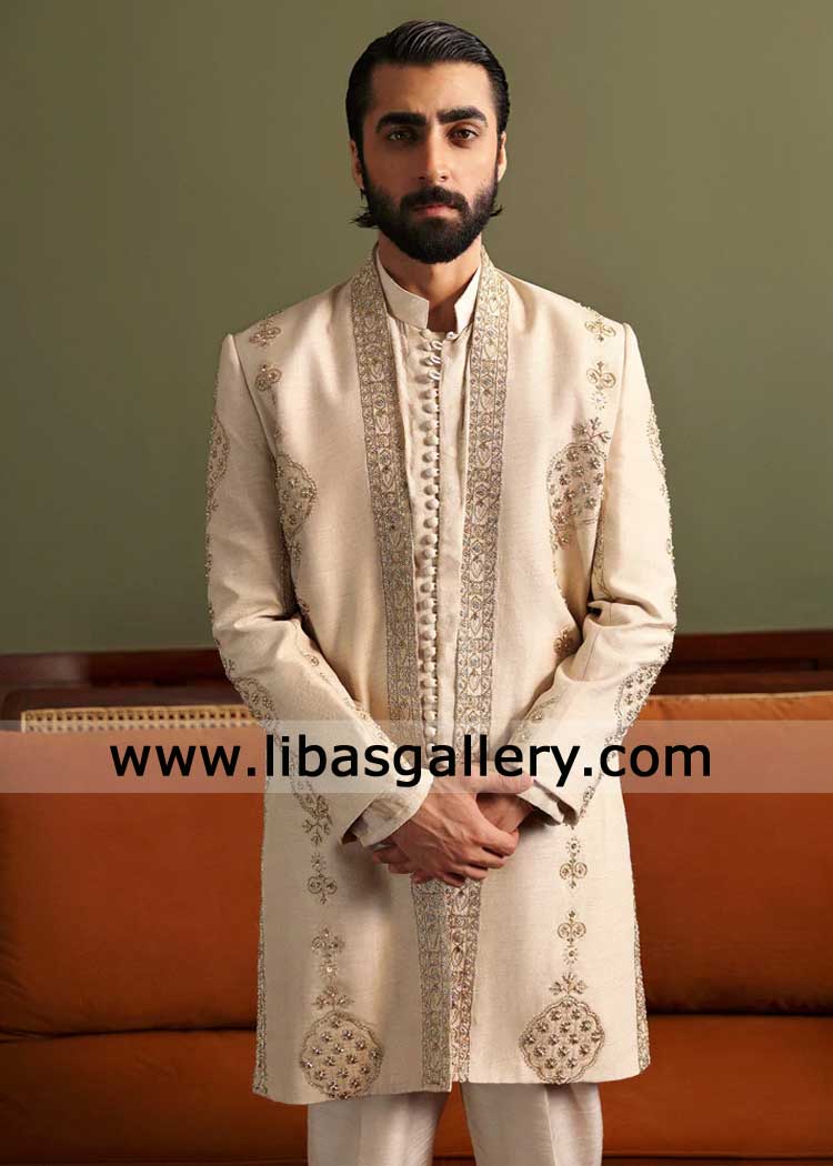 Oat Gold Embroidered Groom Wedding Nikah Sherwani