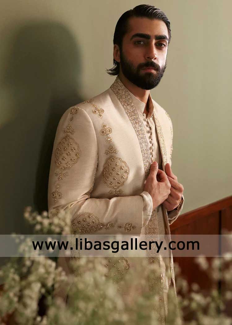 Oat Gold Embroidered Groom Wedding Nikah Sherwani