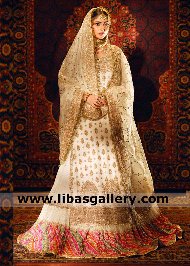 Elegant off white bridal ensemble hand embellished with Kamdani dupatta and Chatta Patti lehenga  UK USA Canada Dubai Australia
