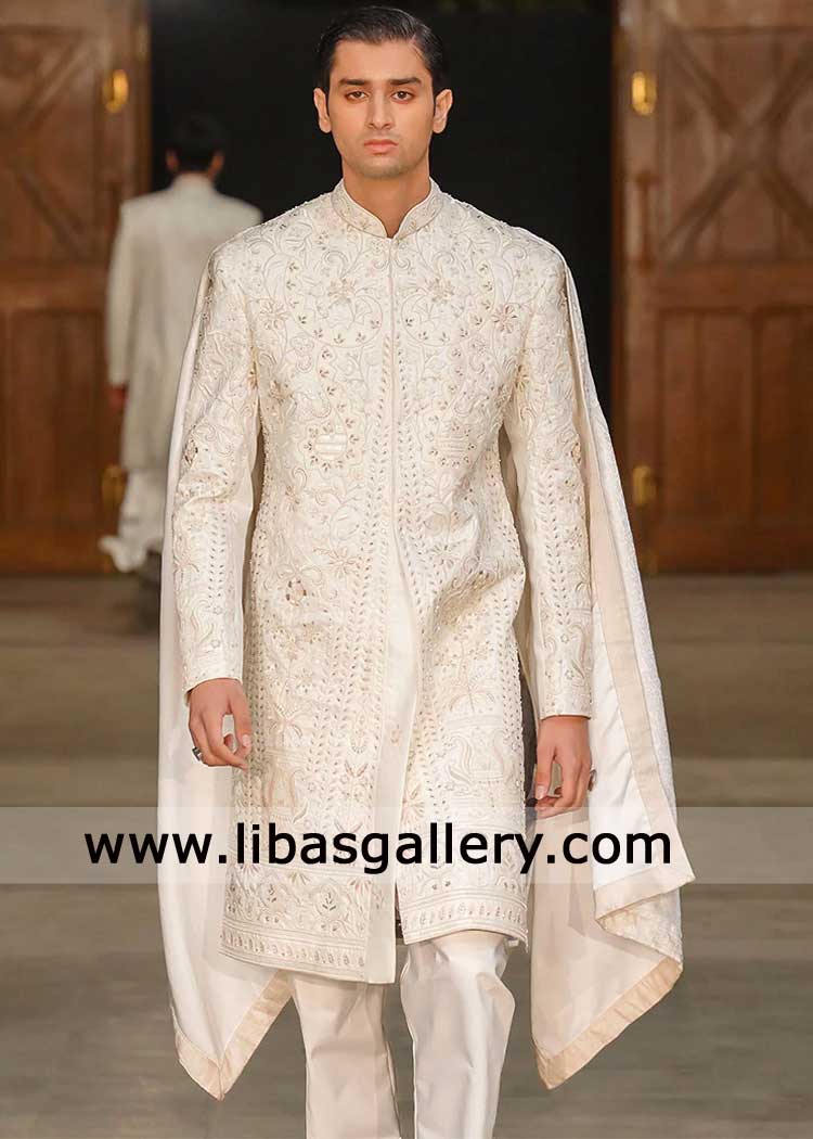 Off White Embroidered Groom Nikah Wedding Sherwani 