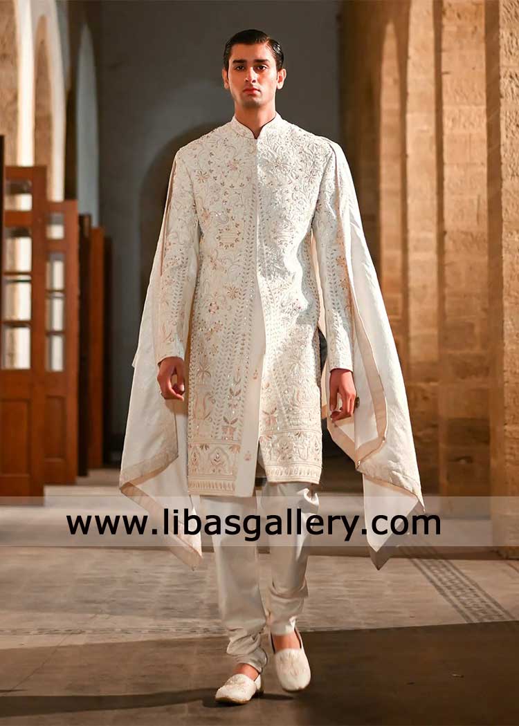 Off White Embroidered Groom Nikah Wedding Sherwani 