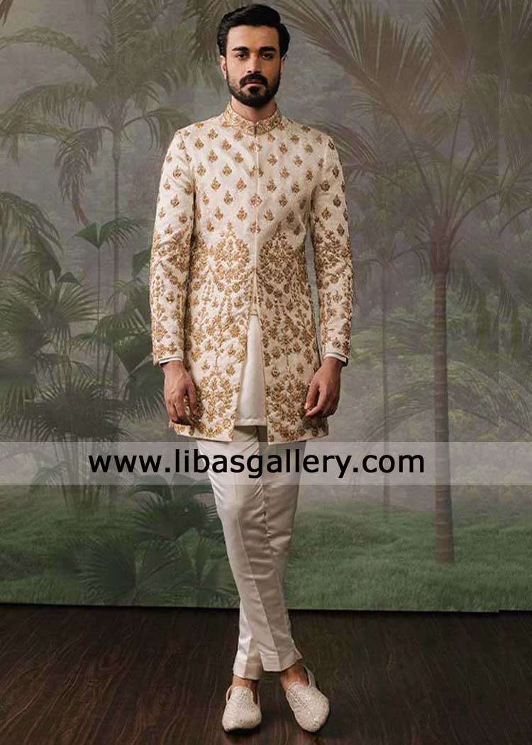 Off white Embroidered Short Groom Wedding Sherwani