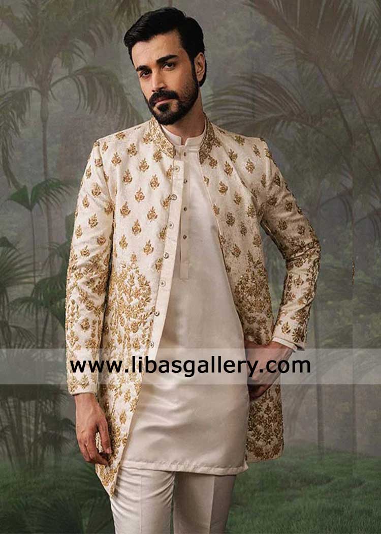Off white Embroidered Short Groom Wedding Sherwani