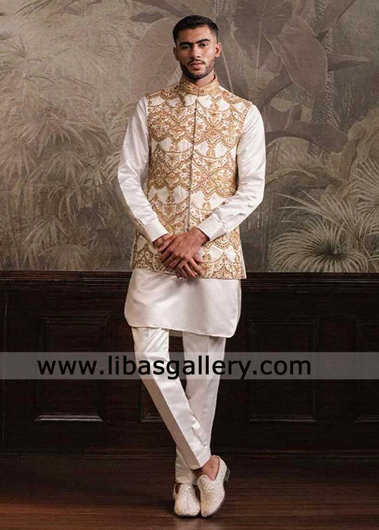 off white luxury waistcoat for men with gold embroidery London UK occasion off white and gold waistcoat with kurta pajama Illinois USA