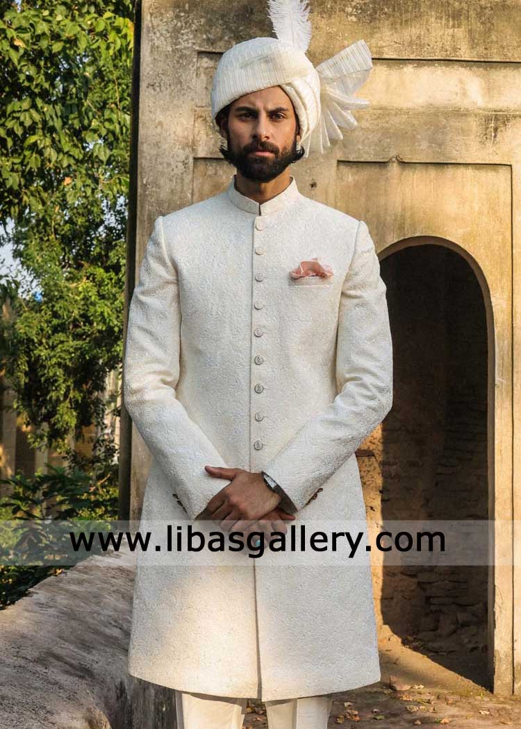 Off White self Embroidered Grand Wedding Sherwani