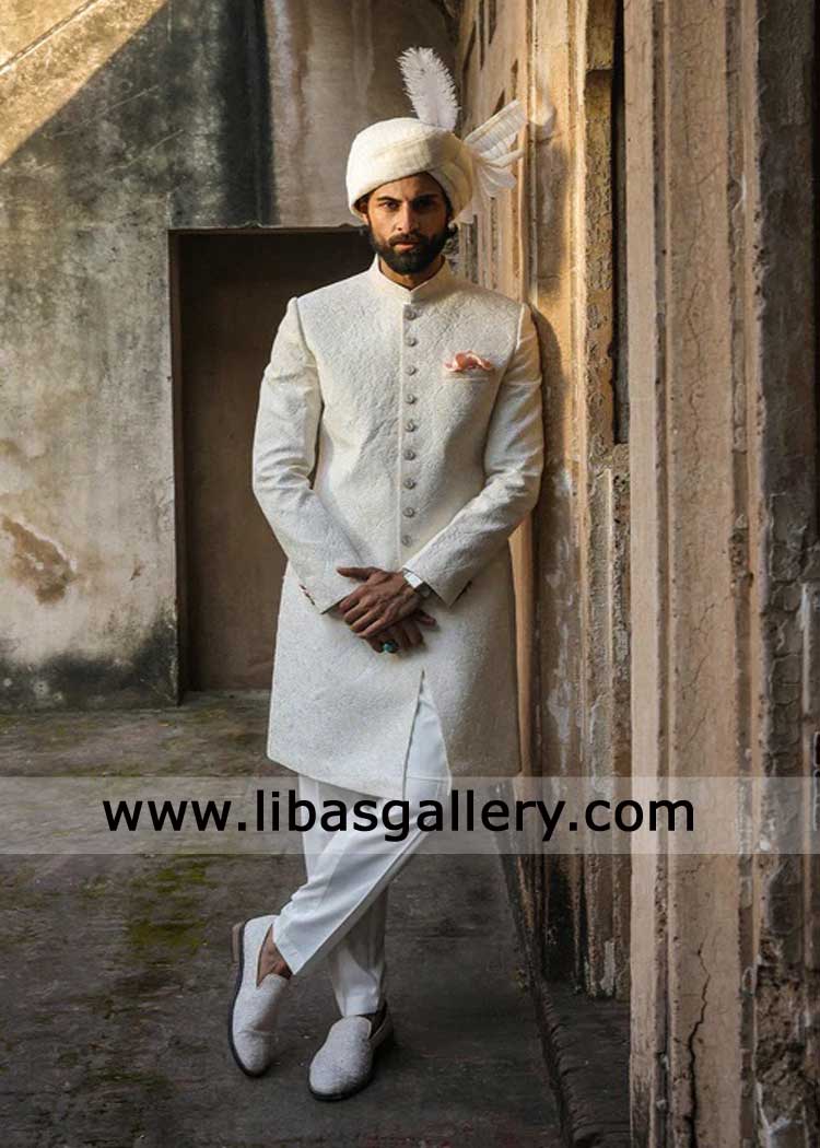 Sherwani off white self embroidered for groom with metal buttons matching turban shoes and inner kurta pajama Sheffield Bristol Glasgow UK 