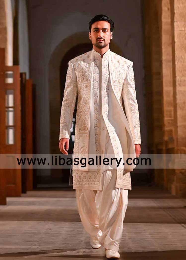 Off White Cut dana hand embroidered Groom Sherwani