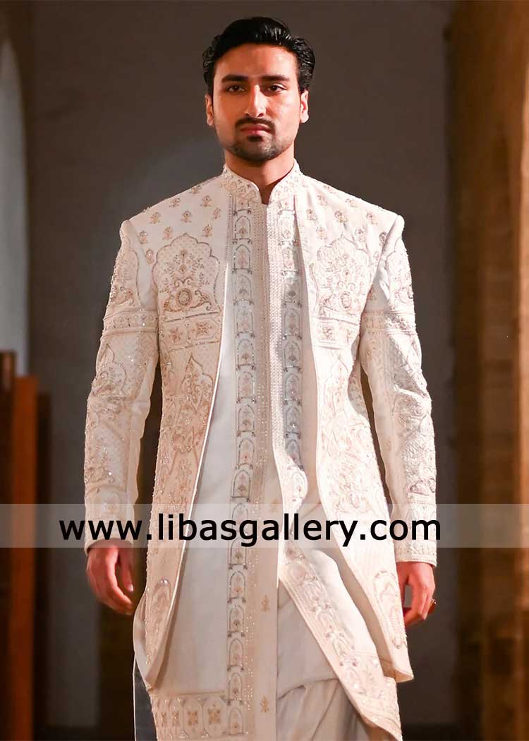 Off White Cut dana hand embroidered Groom Sherwani