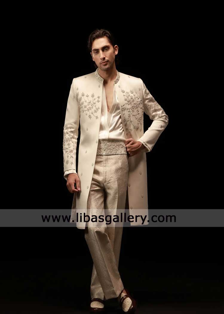off white embroidered groom wedding sherwani with cummerbund