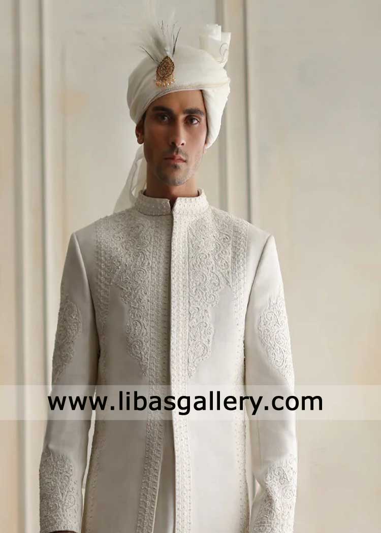 Off white designer turban for Dulha Nikah Sherwani available with Jewelry pc and Fur decoration Bangladesh India USA Canada Australia