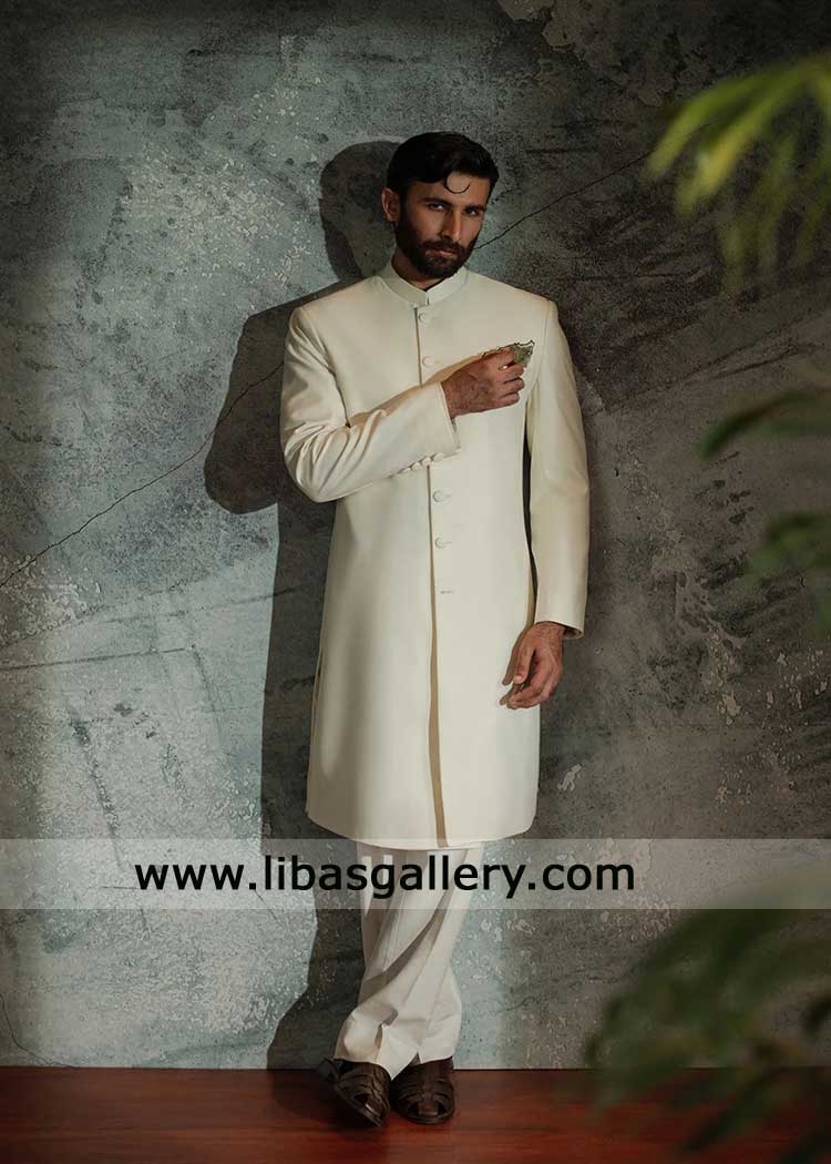 off white Suiting fabric sherwani in Quaid Style