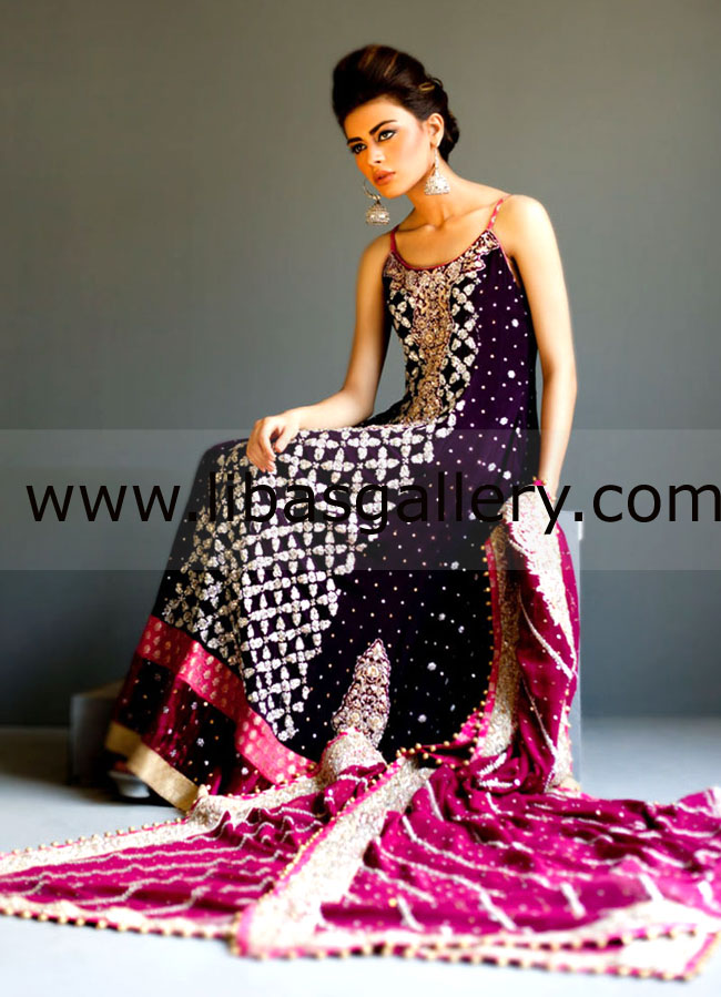 strapless open back dress Dark Purple heavy Embroidered Sharara Style Suit – Fashneo main image 0