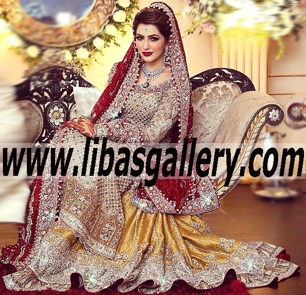 Spectacular Bridal Wear in Yellow Gold color with Banarasi Jamawar lehenga