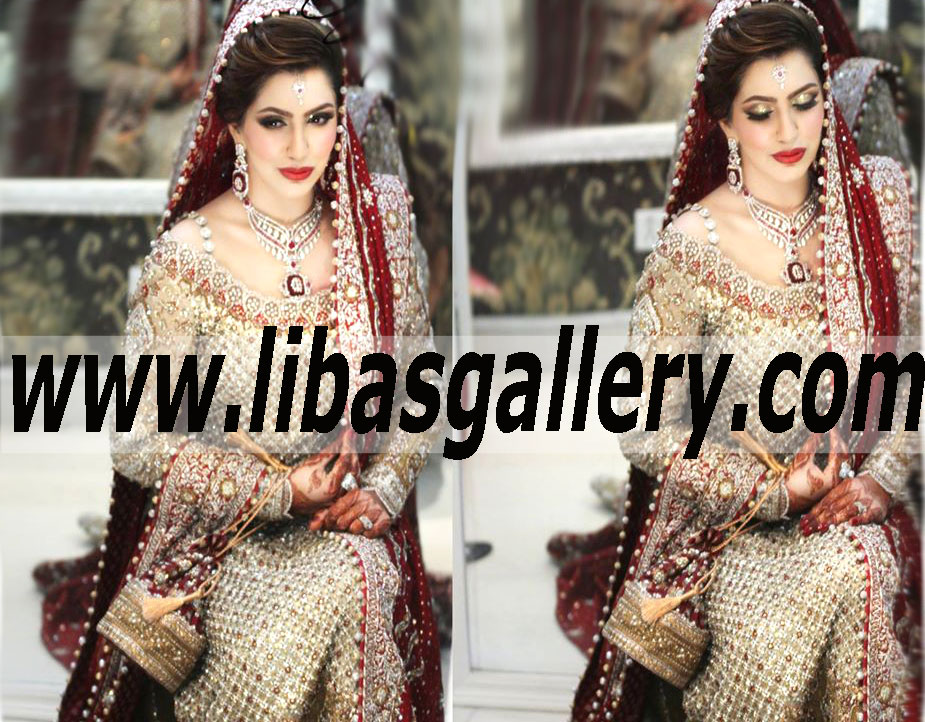 Spectacular Bridal Wear in Yellow Gold color with Banarasi Jamawar lehenga