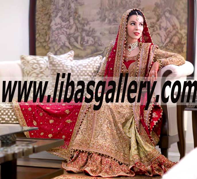 Exquisite Pakistani Bridal Wear with Attractive Lehenga and Heavy Dupatta