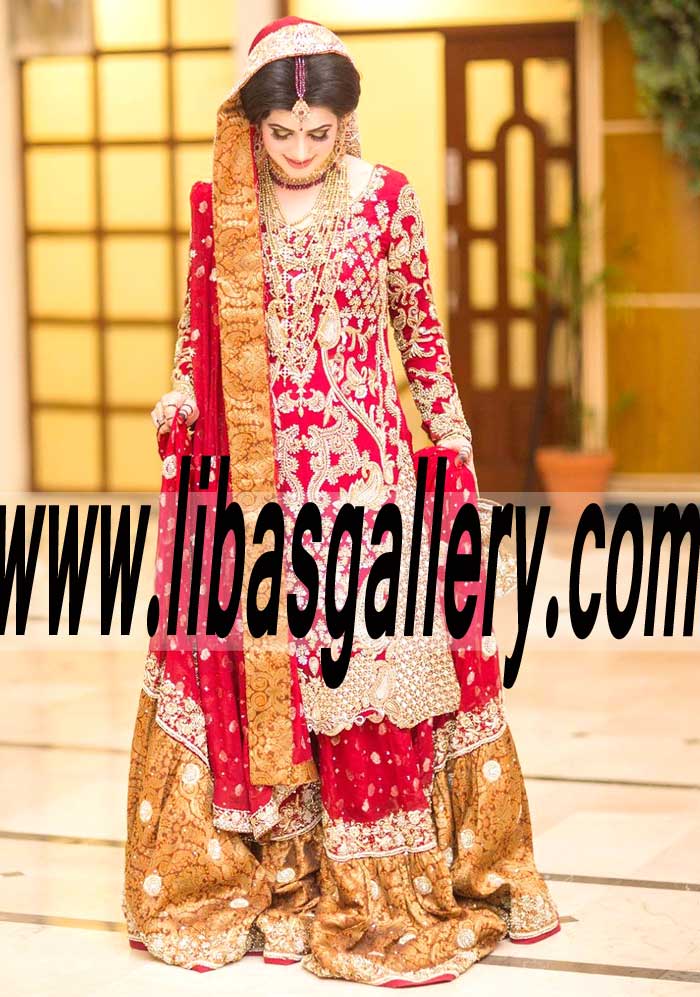 Glorious Red Bridal Wear with Banarasi Jamawar farshi Sharara for Wedding