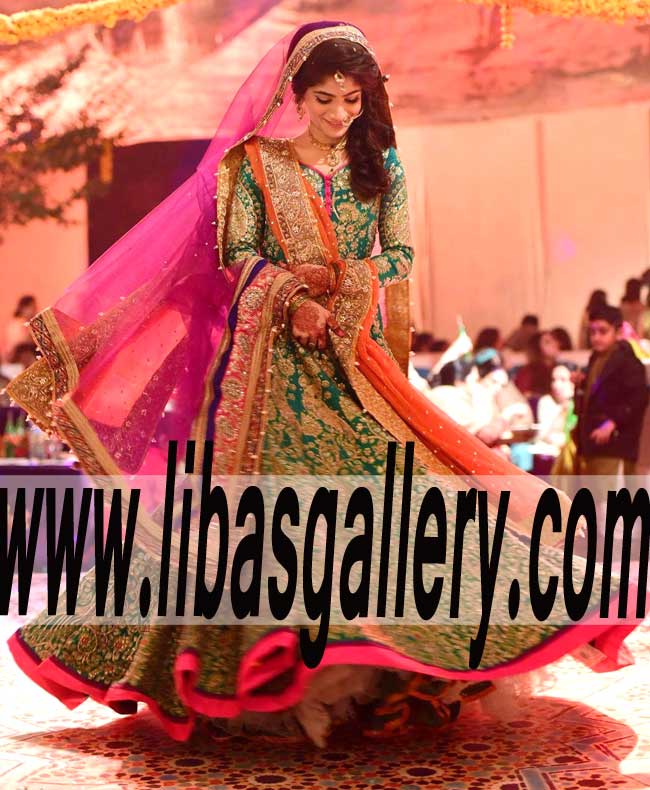 Luxurious Bridal Wear with heavy and intricate embellished Lehenga for Special Occasion and Mehndi Event