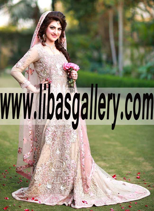 Voguish Heavy Embellished Train Anarkali Bridal Wear for Engagement and Walima