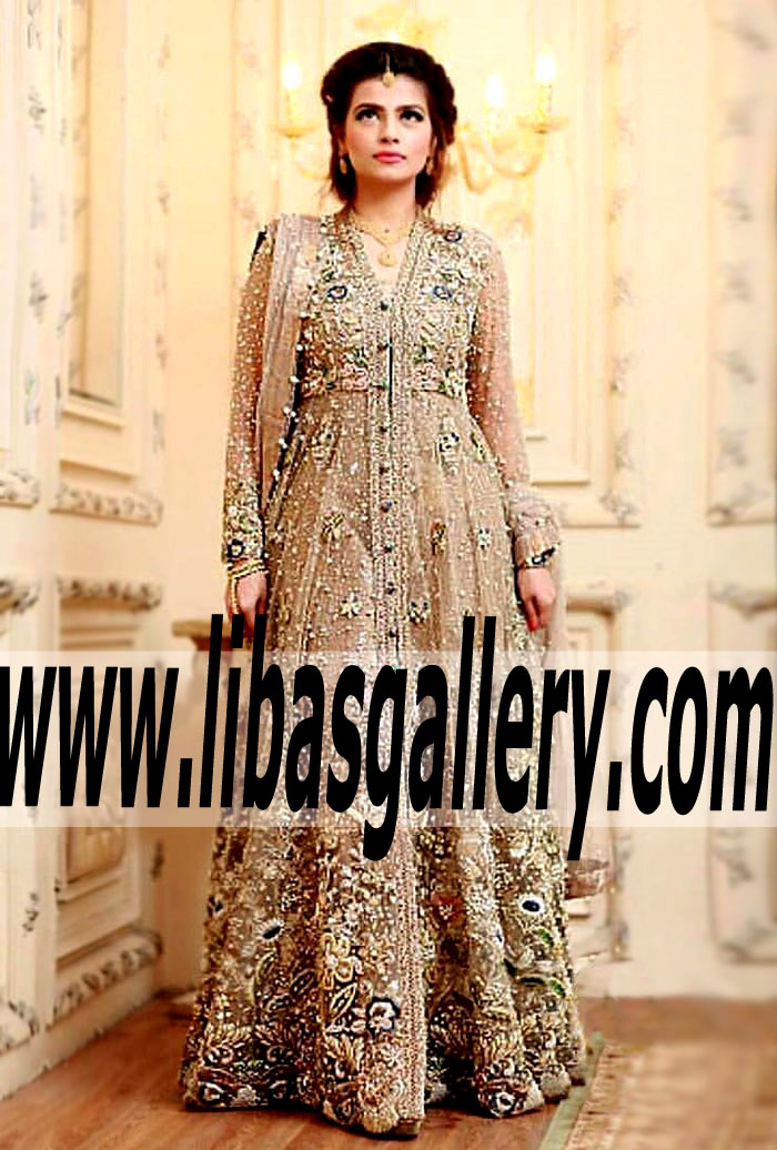 Striking Long Length Wedding Gown Suit with stylish and sophisticated embellishments