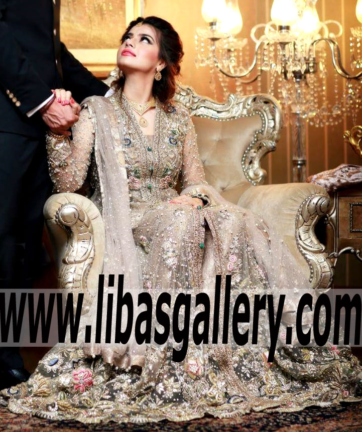 Striking Long Length Wedding Gown Suit with stylish and sophisticated embellishments