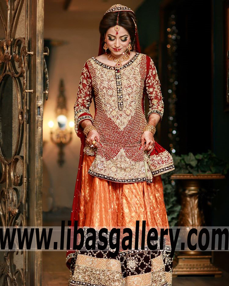 Traditional Red Bridal Dress with Gorgeous and Sensational Embellished Sharara for Rukhsati or Barat
