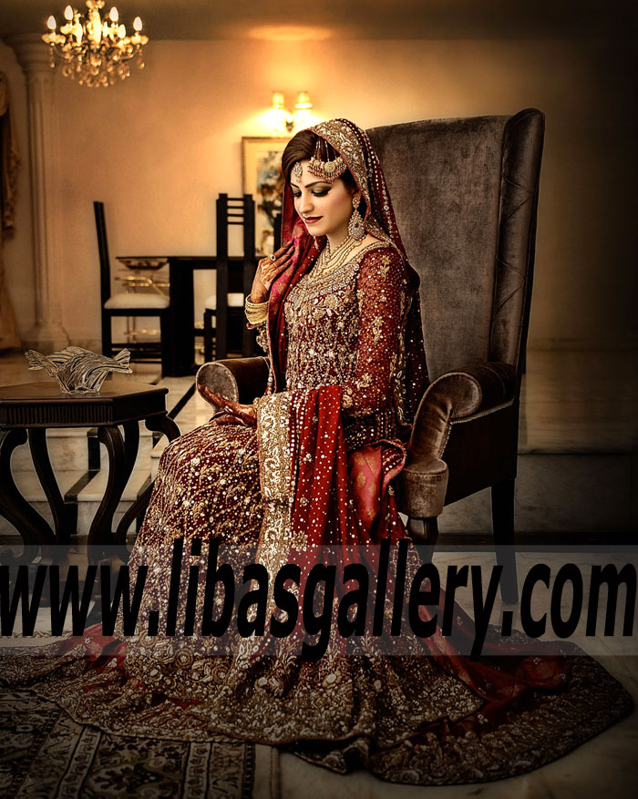 Stunning Maroon Carnation Pakistani Bridal Lehenga