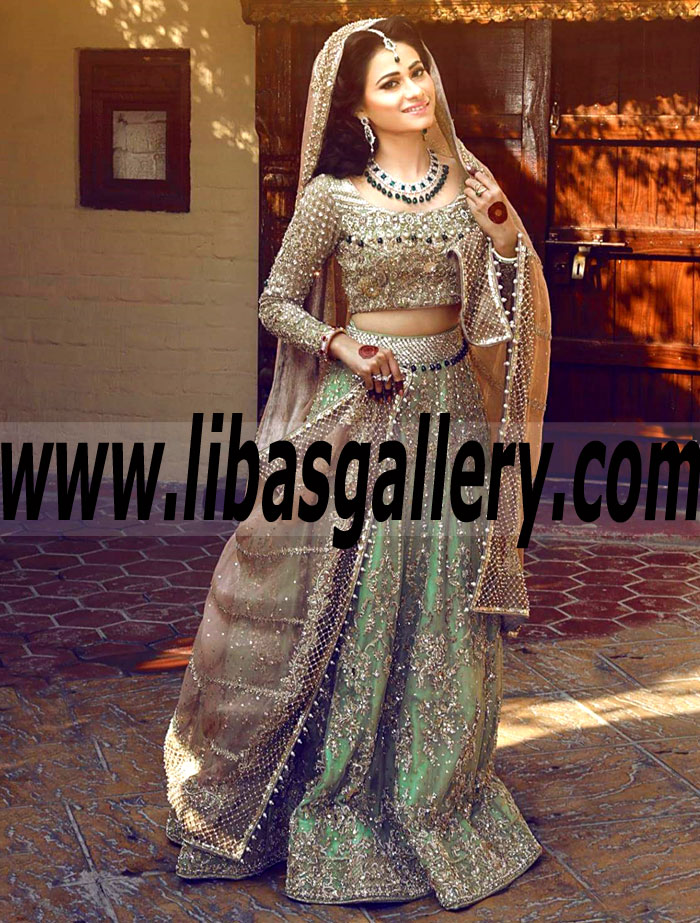 Eye Catching Green Pakistani Bridal Wear Lehenga