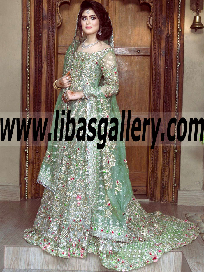 High Fashion Green water Pakistani Wedding Gown