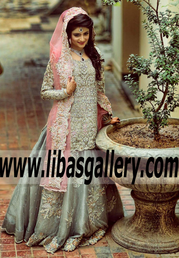 Enchanting Gray Pakistani Bridal Lehenga Dress