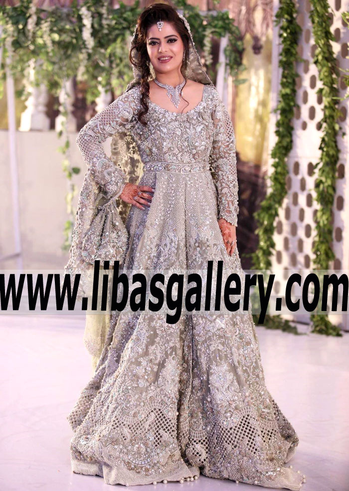 Luxurious Silver Pakistani Bridal Anarkali Dress