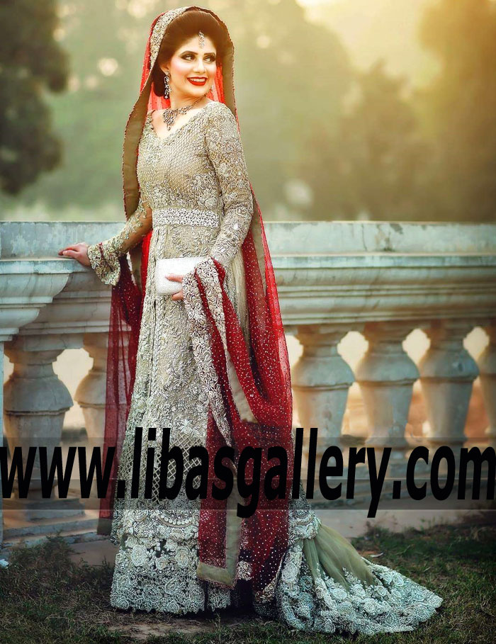 Marvelous Embellished Grullo Anarkali Bridal Dress
