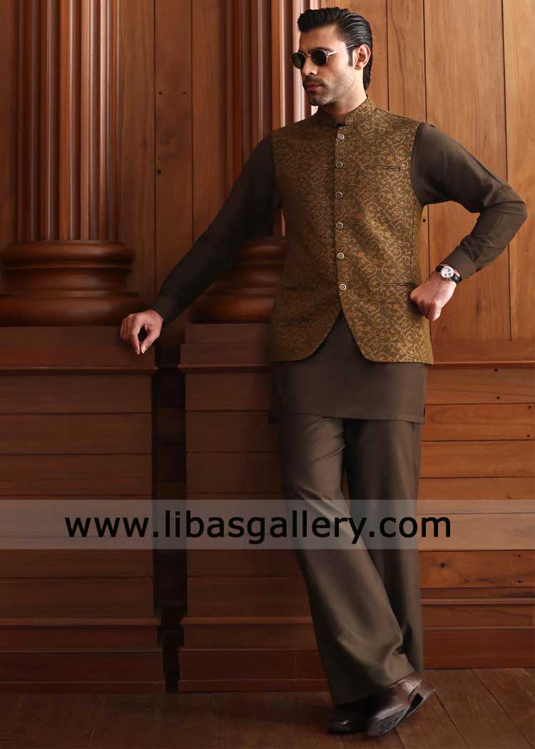 Olive Delicate Waistcoat Embroidered for Men Wedding