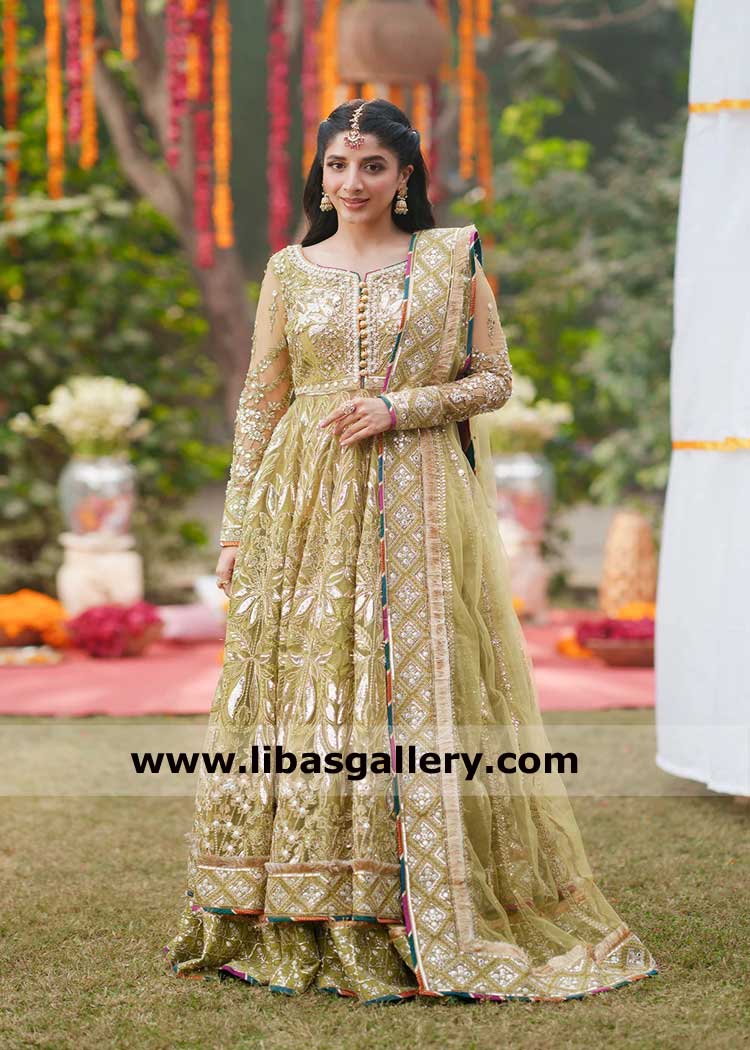 Olive Green Maxi lehenga with delicate Chatta Patti