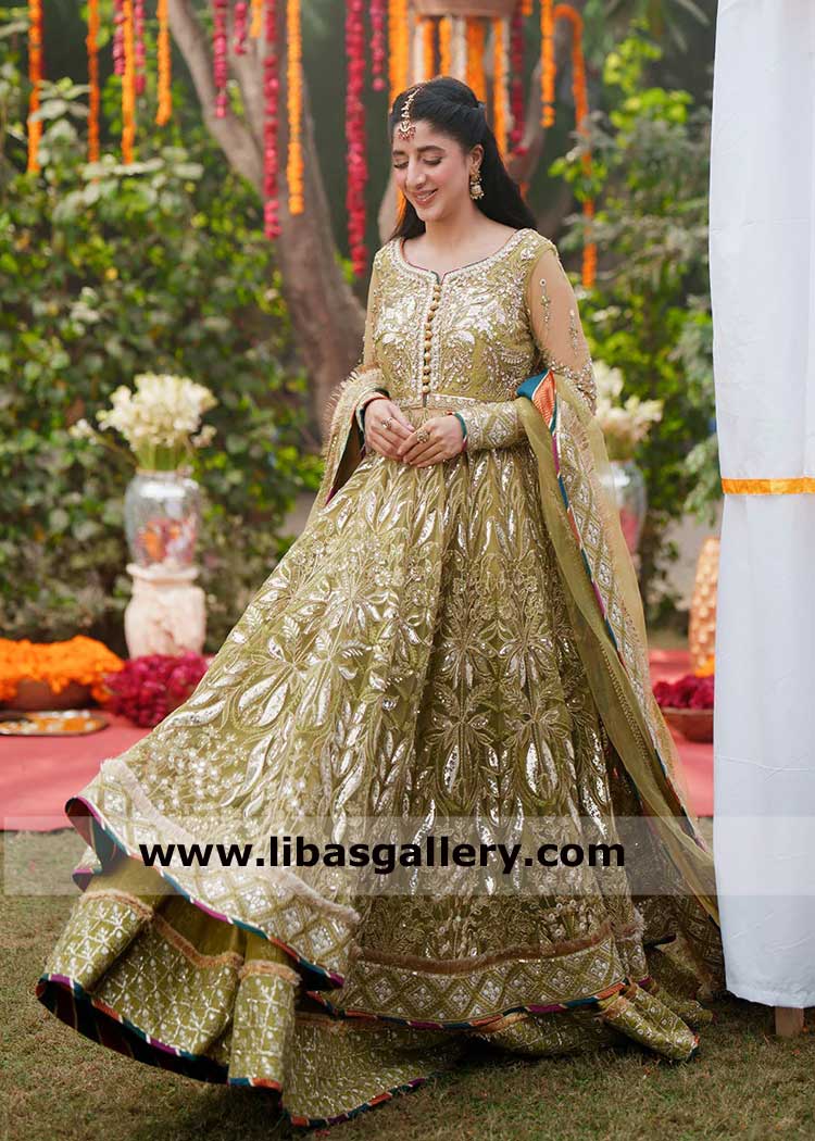 Olive Green Maxi lehenga with delicate Chatta Patti