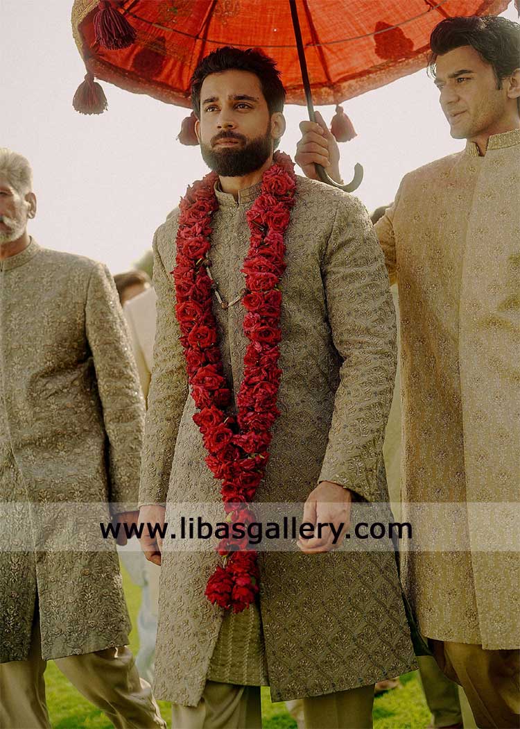Olive hand embellished groom wedding sherwani
